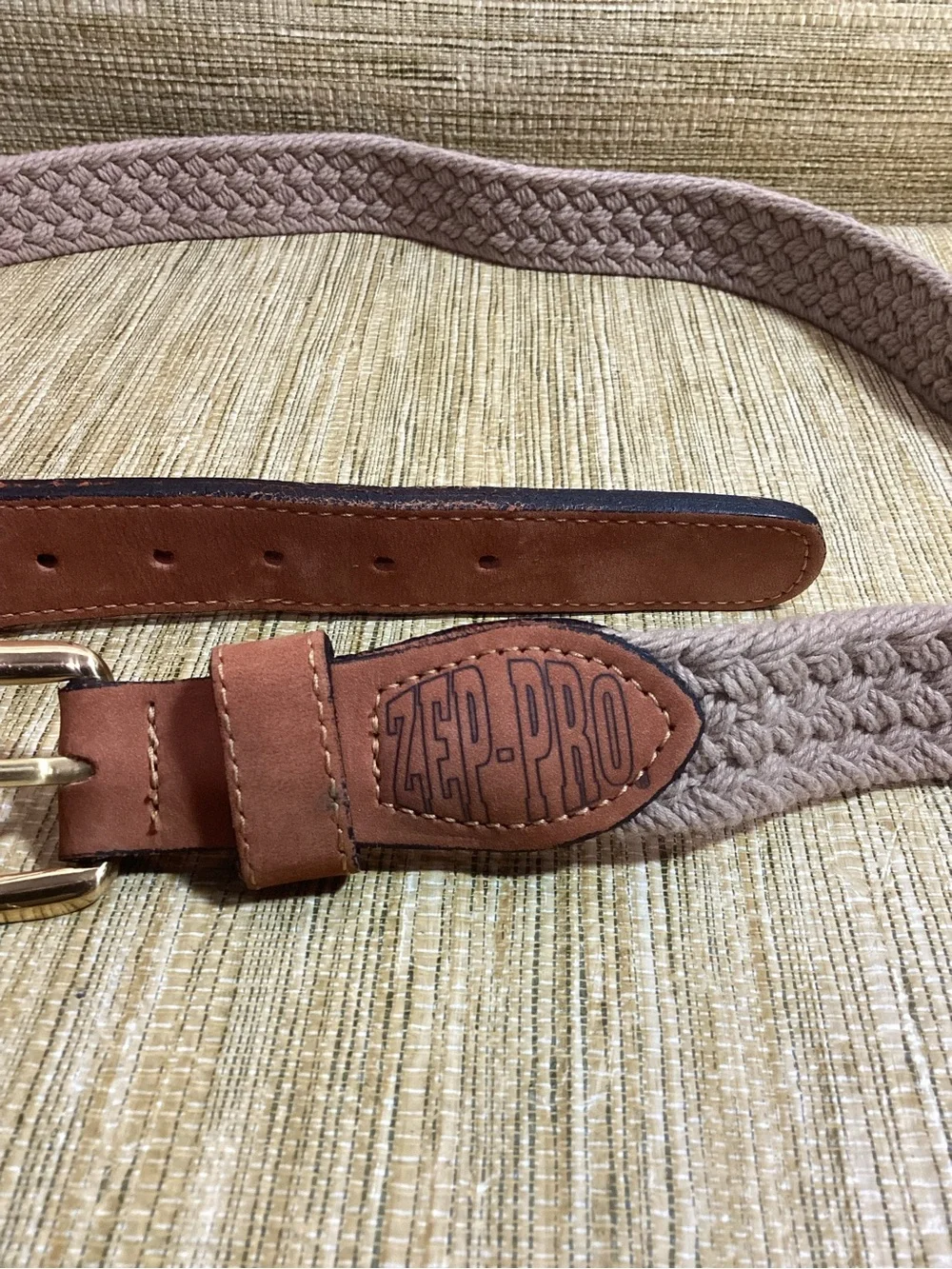 New Zep-Pro Braided Beige Belt with Brown Leather Accents Size 38